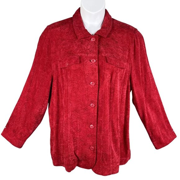 Liz & Me Womens 1X Red Jacquard Button-Front Jacket Abstract Design Art To Wear - Picture 1 of 16
